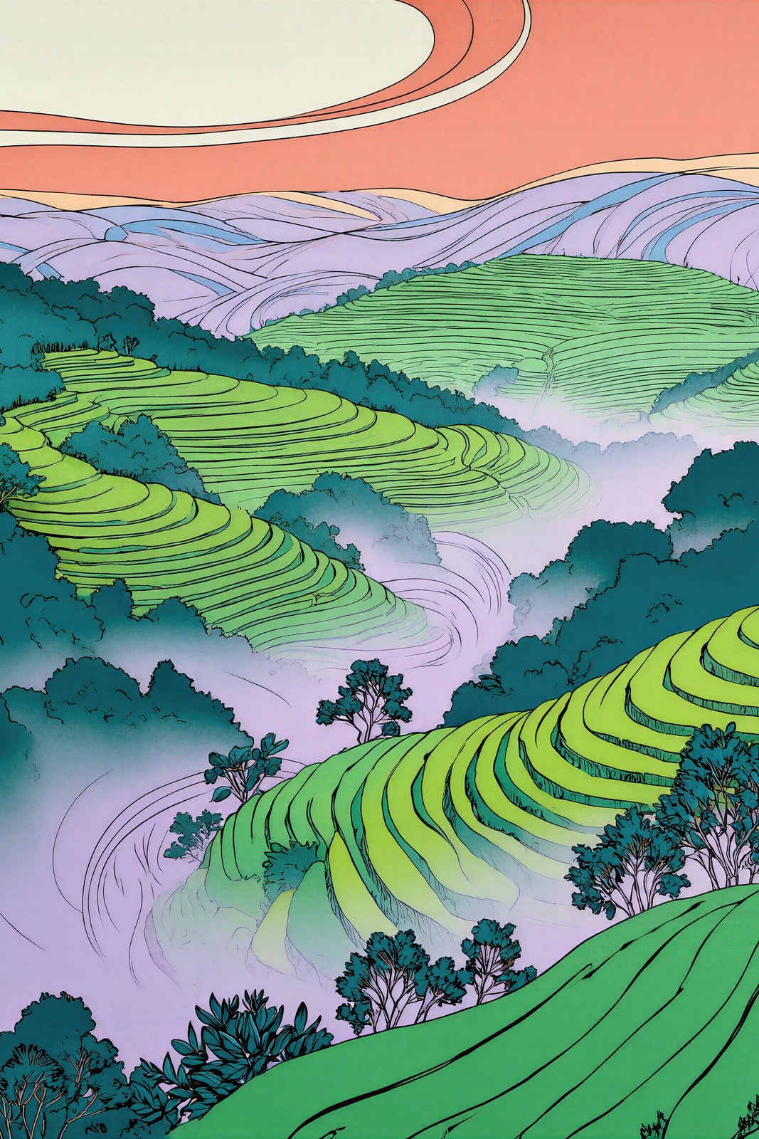 Kotagiri Hills Art Print | Art Nouveau Tea Terraces Wall Art | Sea Green & Lilac — grid