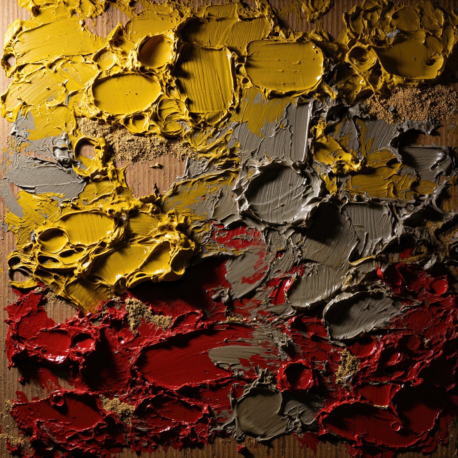 Raw Field, Abstract Impasto Wall Art | Yellow, Red and Warm Grey Art Print — grid