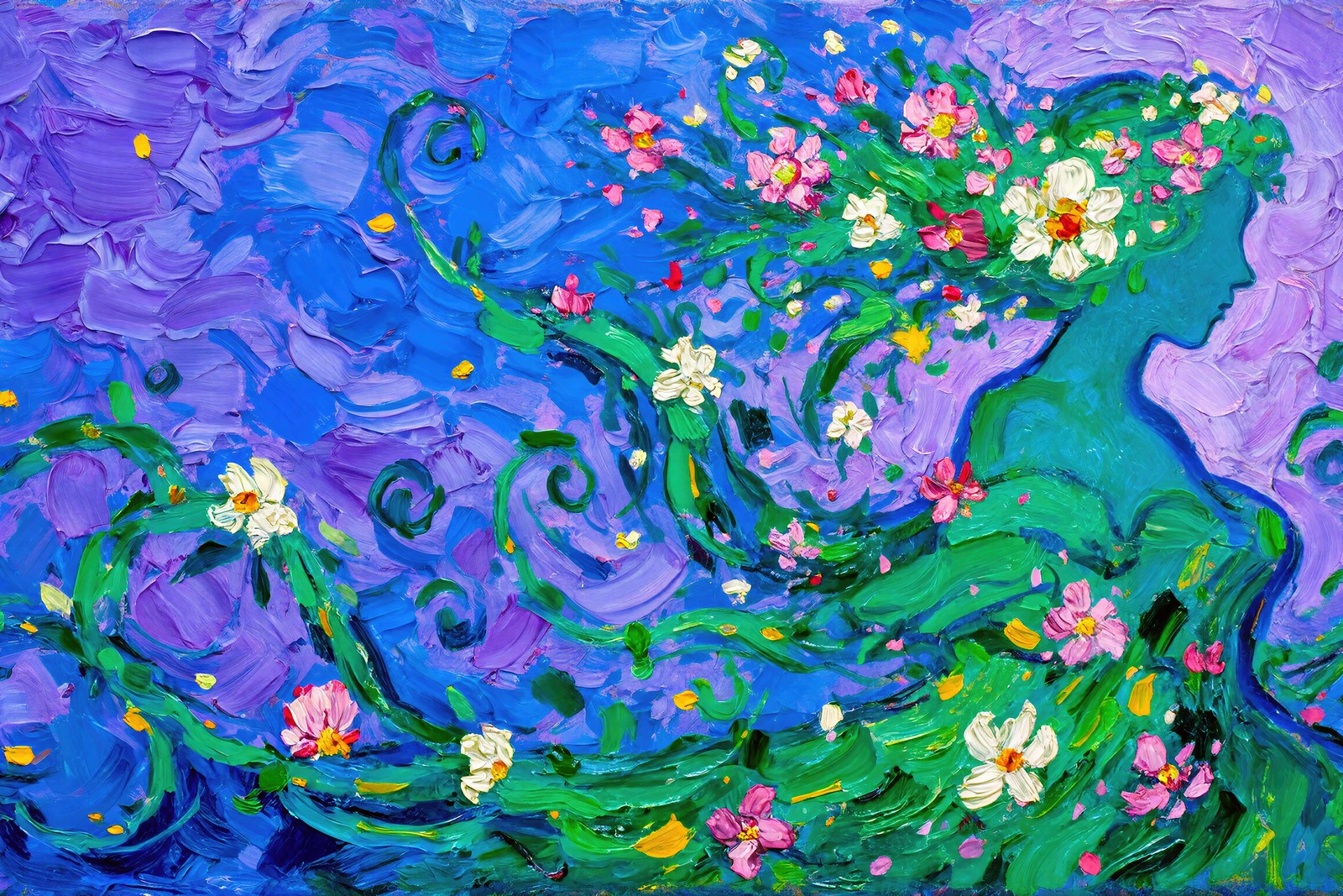 Flora and Form Wall Art Print, Jewel Tone Impasto Floral Silhouette in Sapphire, Emerald & Amethyst — grid