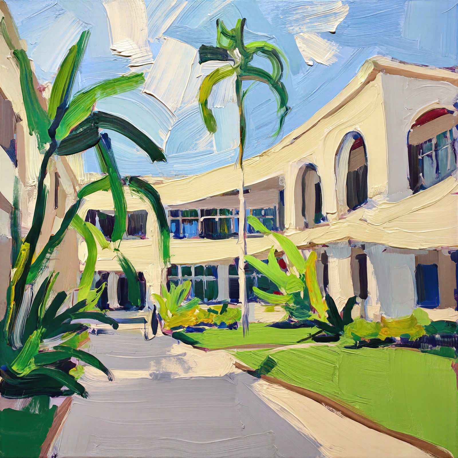 Campus Archways Art Print, Gestural Impasto Wall Art with Tropical Foliage, Bleached Neutrals — grid