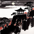 Cliff Pavilion in Moonlight | Japanese Sumi-e Wall Art | Ink Brush Art Print — grid