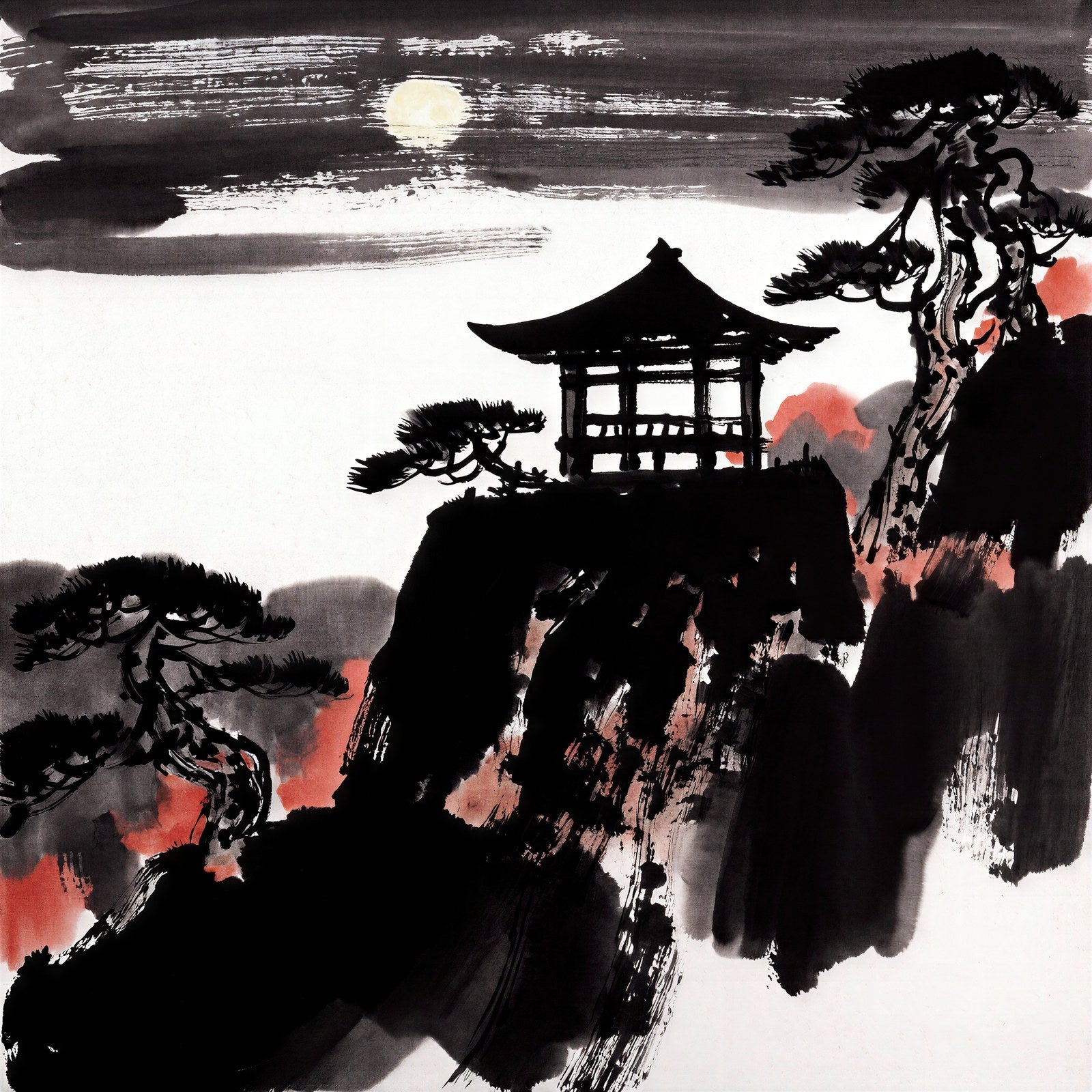 Cliff Pavilion in Moonlight | Japanese Sumi-e Wall Art | Ink Brush Art Print — grid