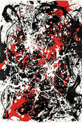 Turbulent Gestural Chaos, Black & Vermilion Abstract Art Print | Bold Monoprint Wall Art — grid