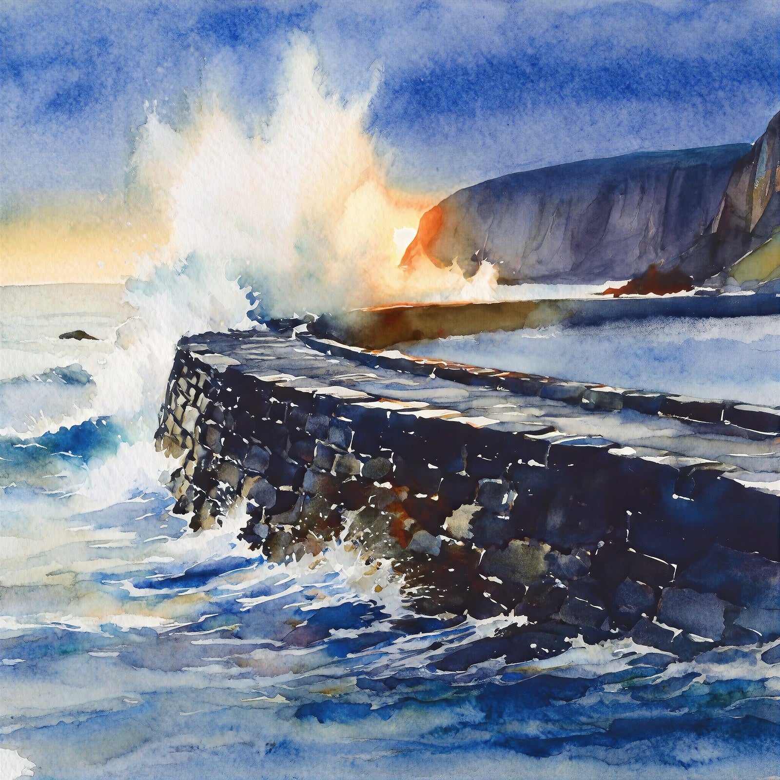 Storm Over the Sea Wall, Coastal Watercolor Art Print, Fjord Seascape, Golden Hour Wall Art — grid