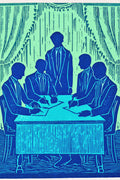 The Armistice, Linocut Wall Art Print | Figurative Silhouettes in Spearmint & Cobalt — grid