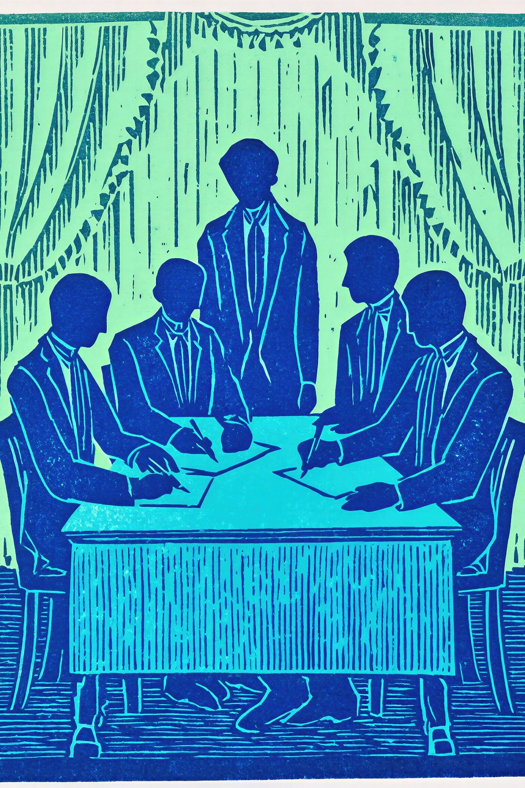 The Armistice, Linocut Wall Art Print | Figurative Silhouettes in Spearmint & Cobalt — grid