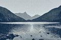 Loch & Mountain Halftone Wall Art | Slate Grey Graphic Print | Tranquil Highland Landscape — grid