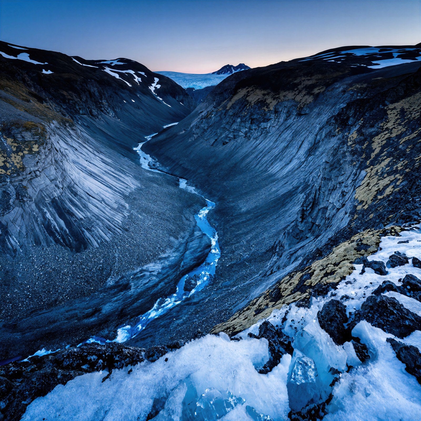Blue Hour Glacial Valley Wall Art | Pre-Dawn Alpine Landscape Art Print — grid