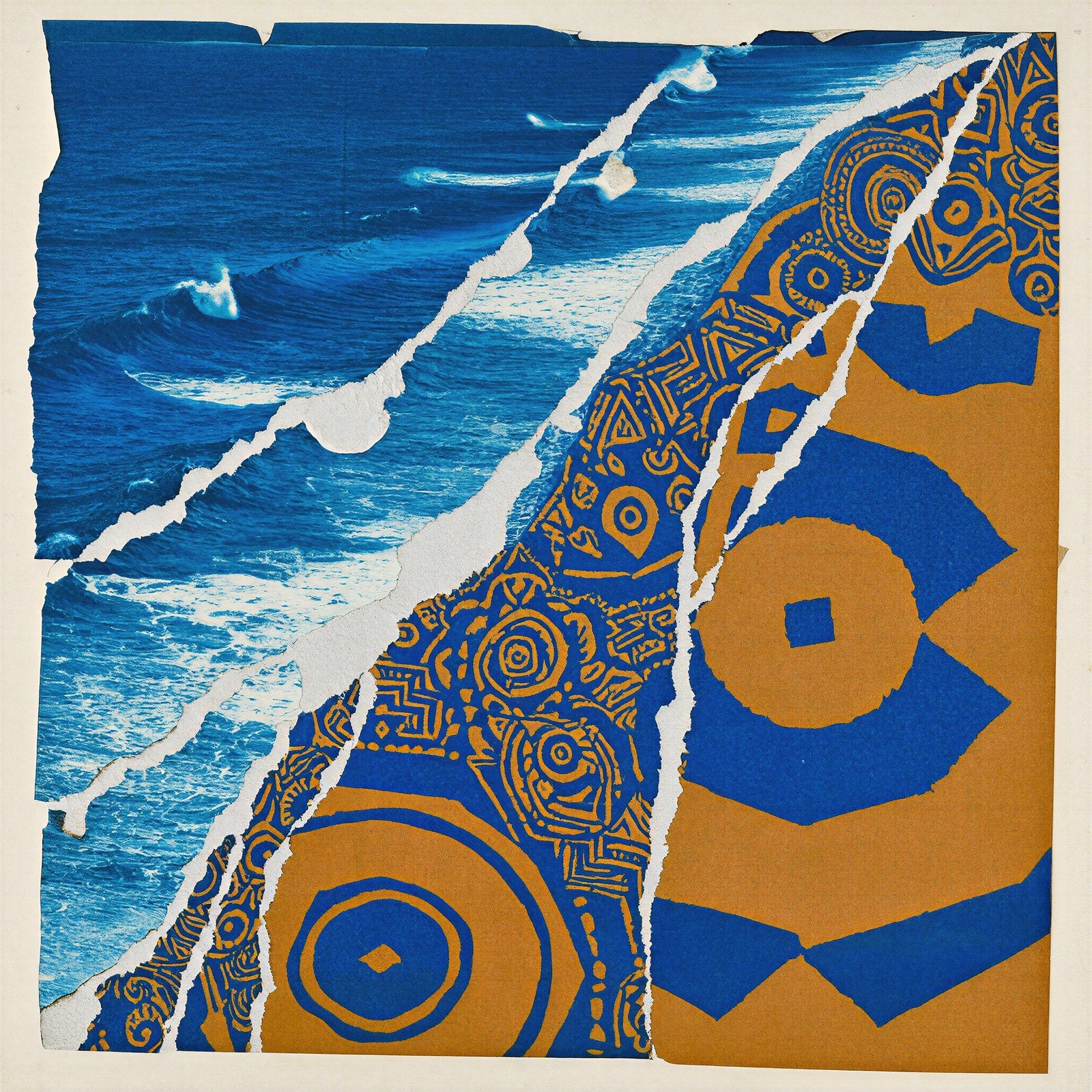 Coastal Ritual, Torn Paper Collage Art Print | Midnight Blue & Ochre Abstract Wall Art — grid