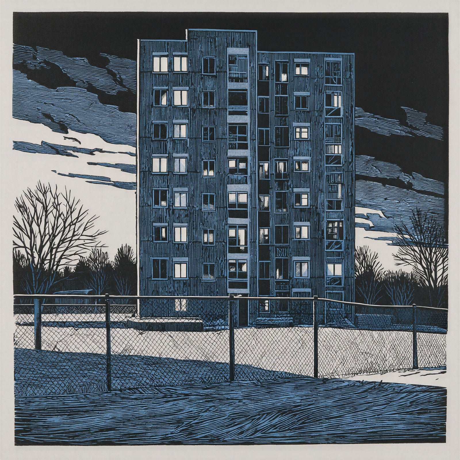Brutalist Tower Wall Art | Concrete Social Housing Linocut Print | Urban Monochrome Architecture — grid