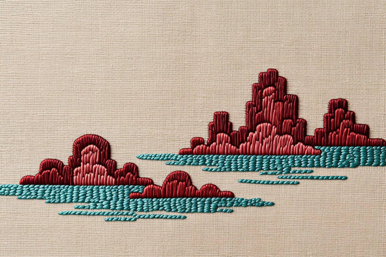 Arabesque Barrier Reef Art Print, Scarlet & Cyan Embroidery on Raw Linen | Wall Art — grid