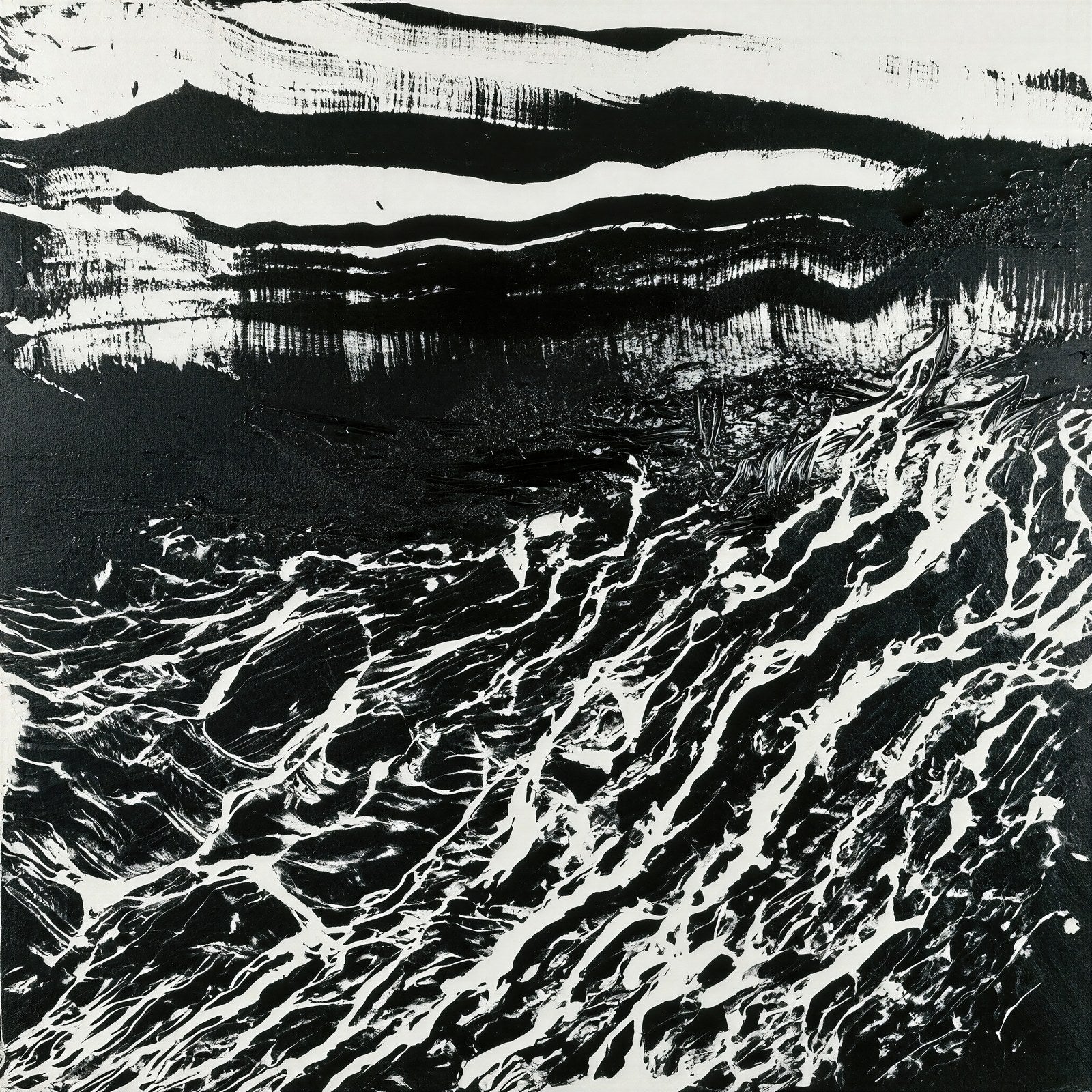 Gestural Brushstroke Wall Art, Abstract Monotype Print, High-Contrast Black White with Bold Accent — grid