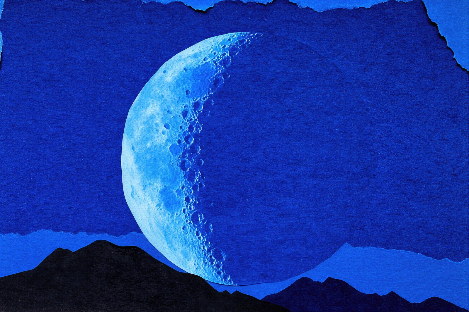 Crescent Moon Over Mountains Wall Art Print, Nocturne Blue Torn Paper Collage — grid