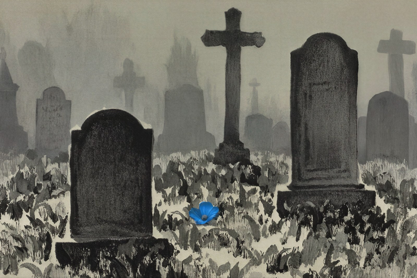Still Ground, Cemetery Silhouettes Wall Art Print | Near-Monochrome with Ultramarine Petal — grid