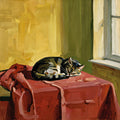 Sleeping Cat on Red Tablecloth Art Print | Alla Prima Oil Style | Domestic Wall Art — grid