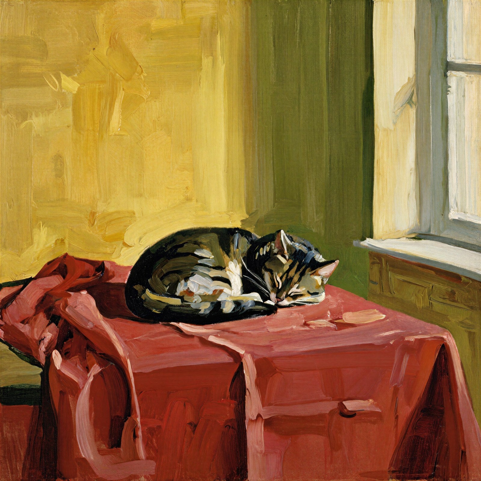 Sleeping Cat on Red Tablecloth Art Print | Alla Prima Oil Style | Domestic Wall Art — grid