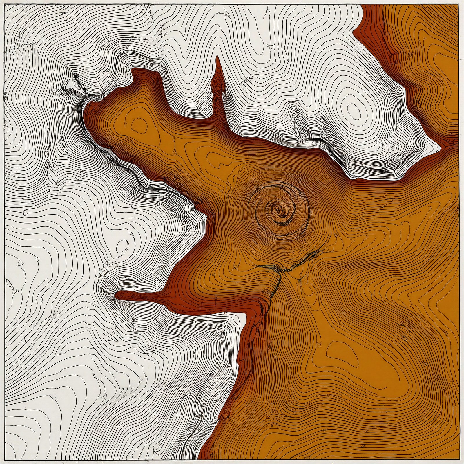 Topographic Vortex Wall Art Print, Ochre, Rust & Sand Contour Lines, Plotter-Style Generative Line Art — grid