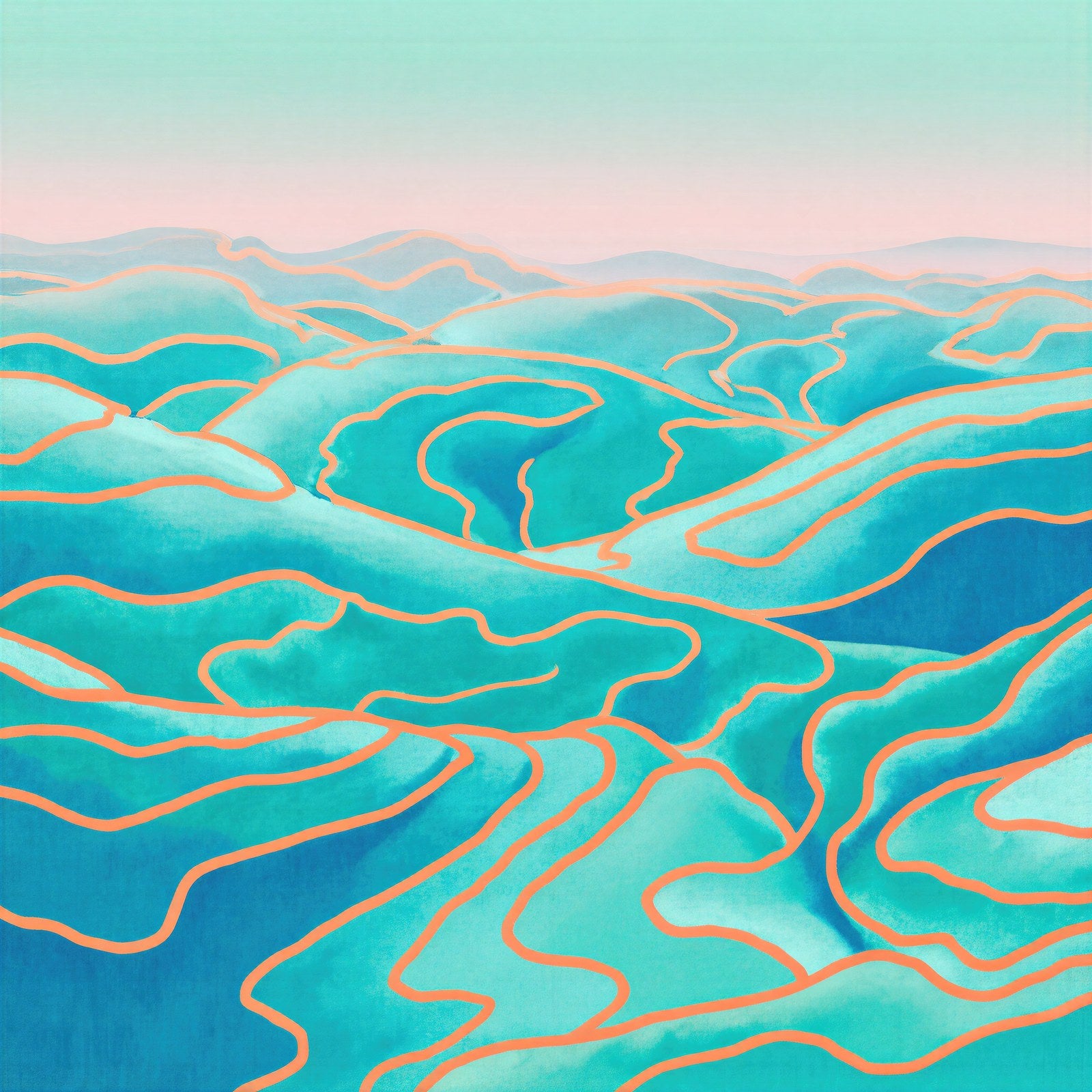 Rolling Haze, Surreal Landscape Art Print | Deep Turquoise, Rose & Tangerine Wall Art — grid