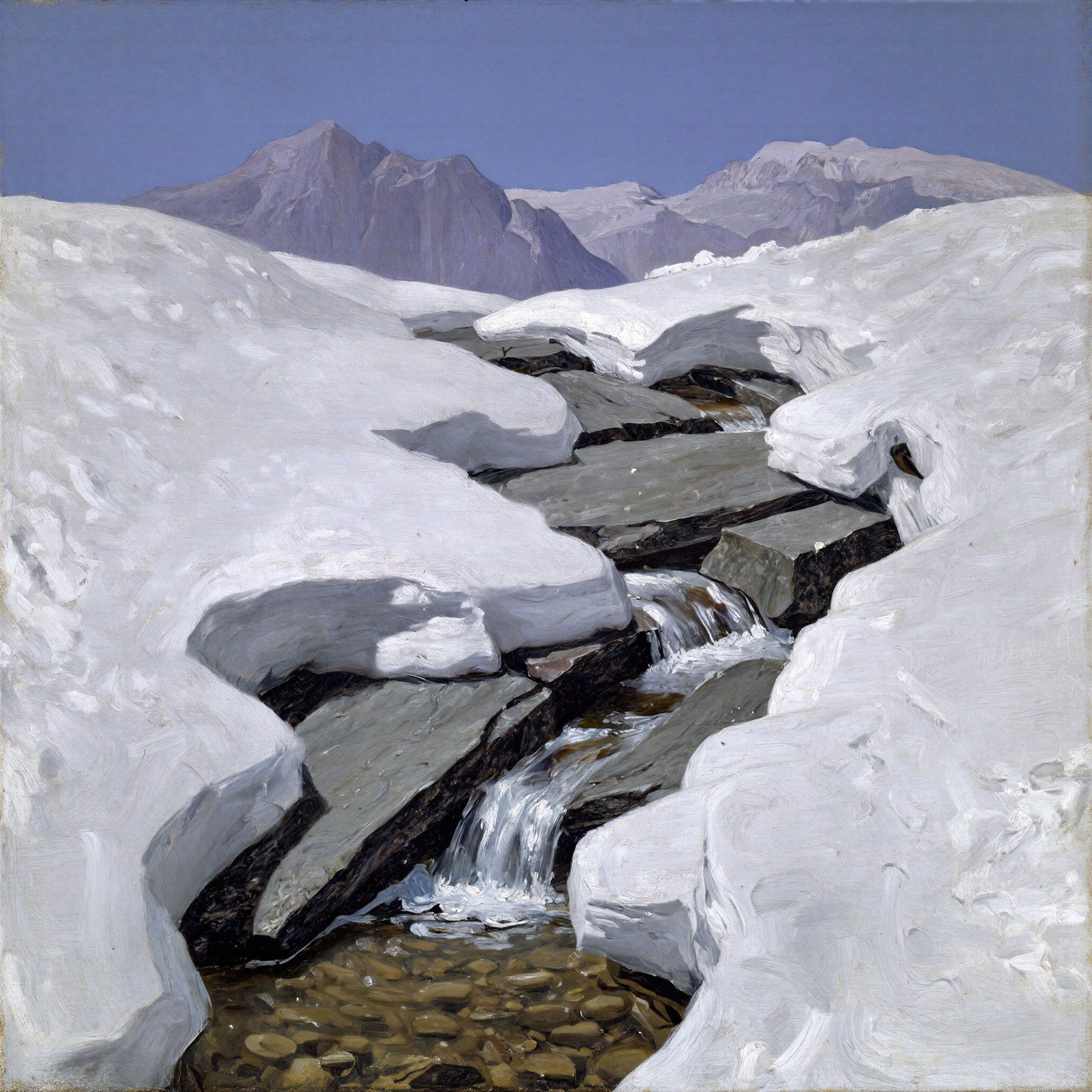 Snowmelt Creek Wall Art | Romantic Mountain Landscape Art Print | Cobalt Sky & Lavender Shadows — grid
