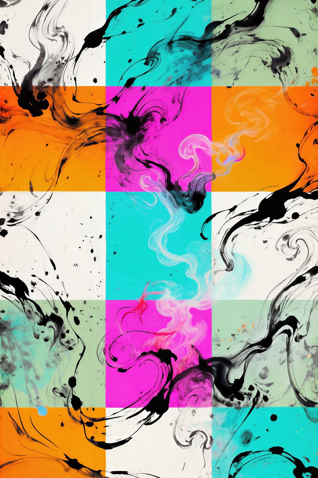 Calefaction, Sumi-e Ink Wash Heat Wave Wall Art Print | Turquoise Fuchsia Tangerine — grid