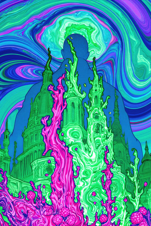 Celestial Architect, Psychedelic Cityscape Wall Art | Liquid-Light Abstract Art Print — grid