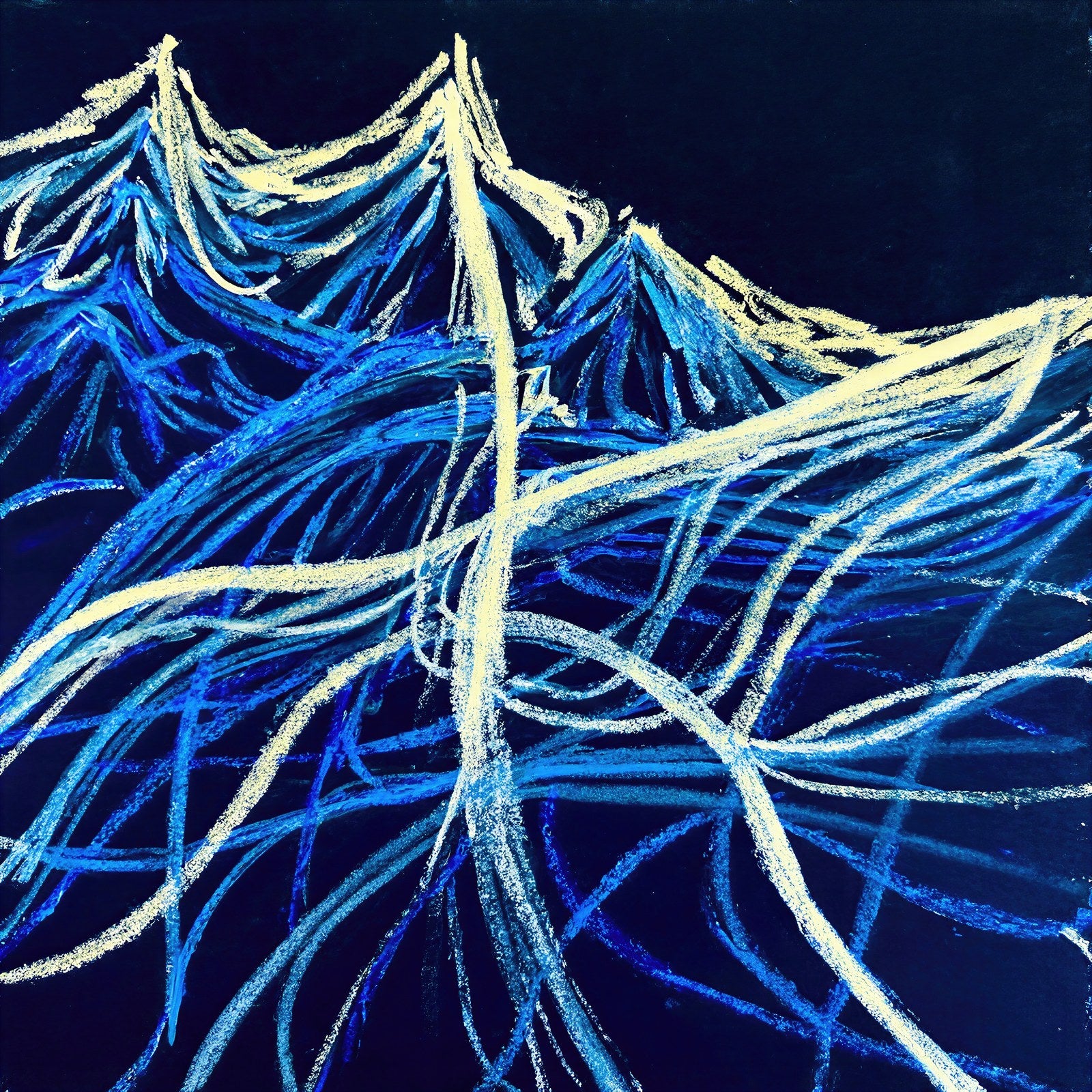 Ultramarine & Ivory Abstract Wall Art Print | Gestural Calligraphic Painting on Dark Ground — grid