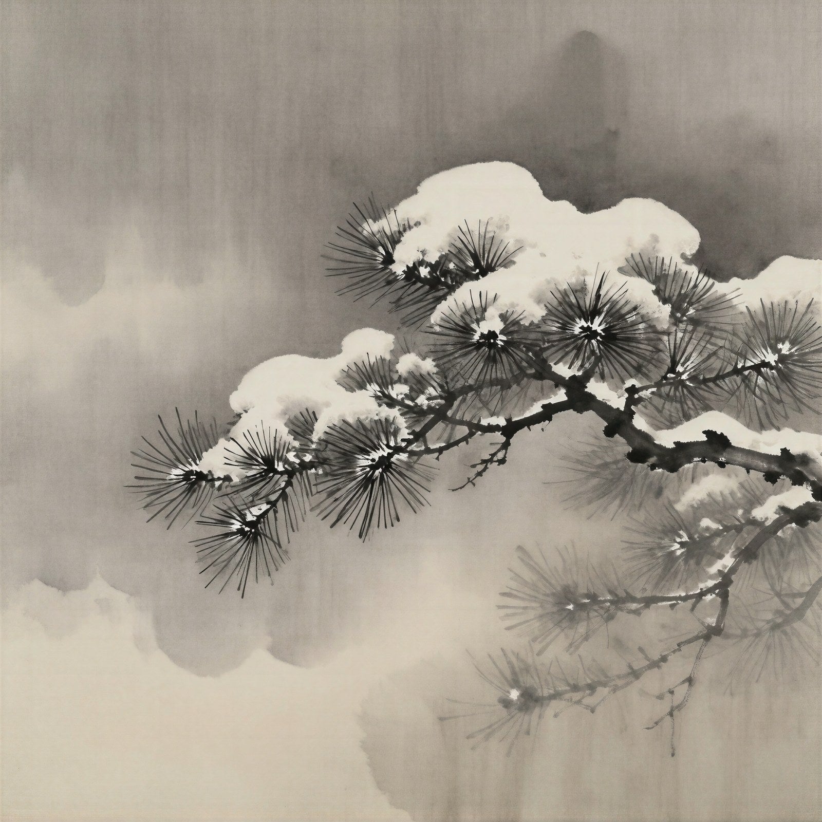 Pine Branch in Snow Art Print, Sumi Ink Wash, Minimalist Zen Wall Art — grid