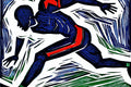 Mid-Stride, Woodblock Football Player Wall Art | Bold Graphic Sports Art Print, Navy Scarlet Viridian — grid