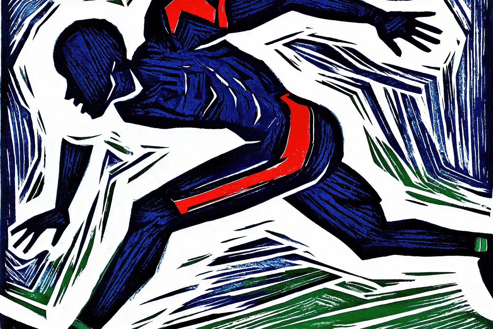 Mid-Stride, Woodblock Football Player Wall Art | Bold Graphic Sports Art Print, Navy Scarlet Viridian — grid