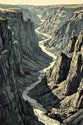 The Great River, Canyon Landscape Art Print | Ink Cross-Hatch | Graphite & Sepia Wall Art — grid