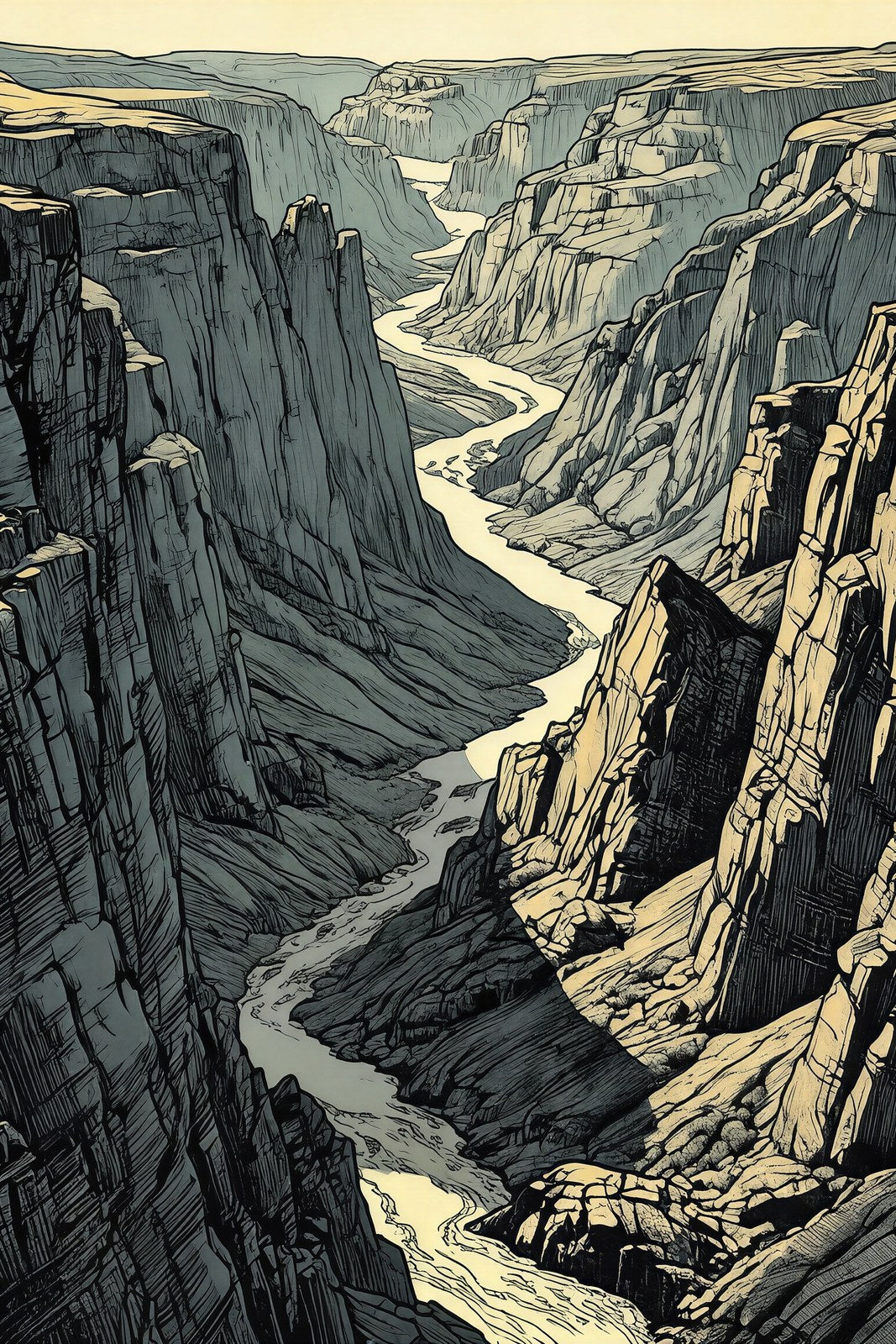 The Great River, Canyon Landscape Art Print | Ink Cross-Hatch | Graphite & Sepia Wall Art — grid