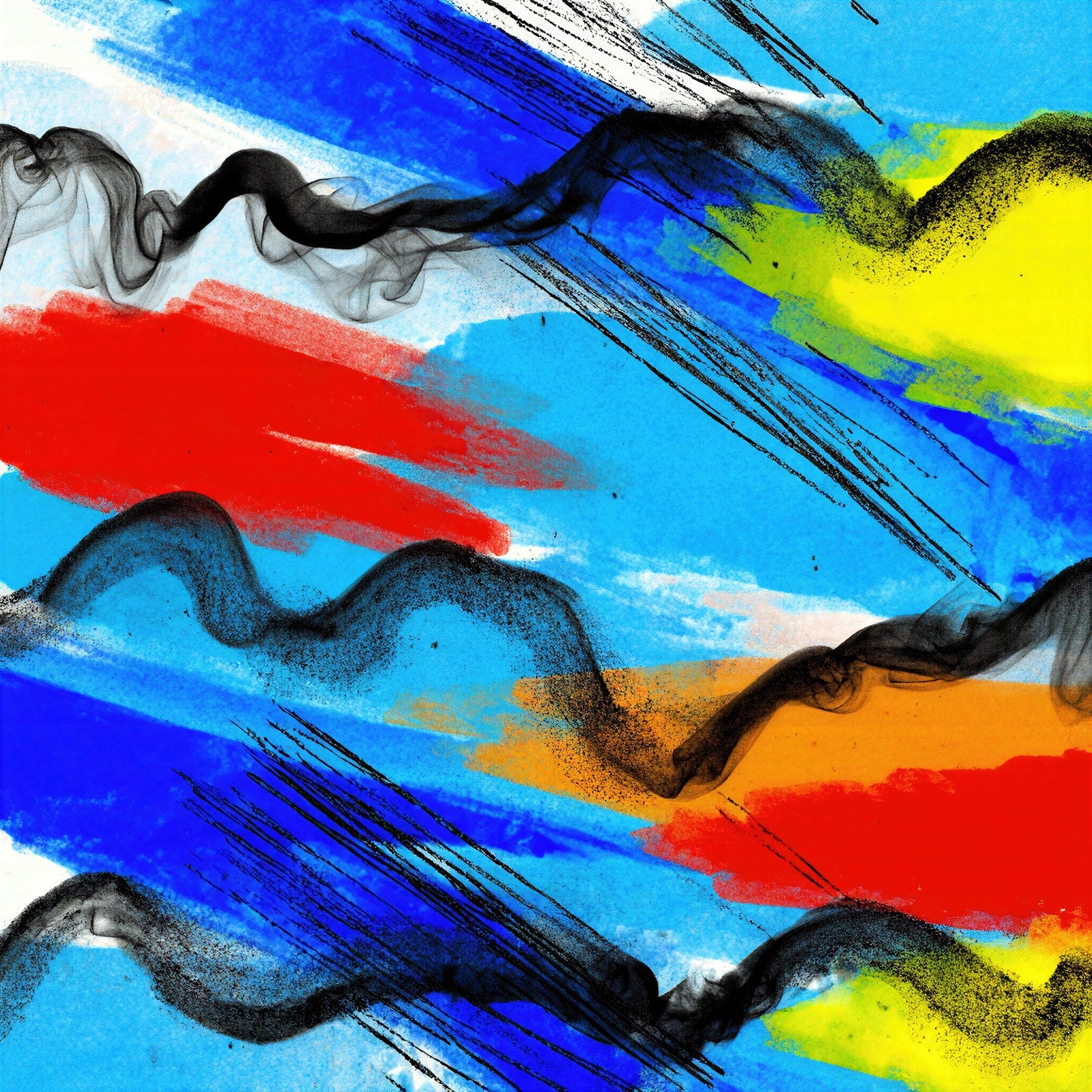 Kinetic Marks, Gestural Abstract Wall Art Print in Charcoal and Bold Primaries — grid