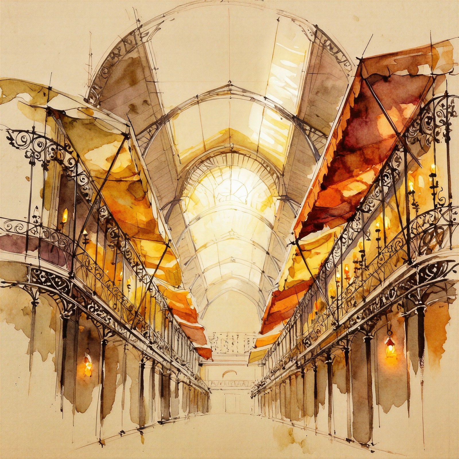 Grand Market Atrium at Dawn, Watercolor Art Print | Wrought Iron Gallery & Glass Dome Wall Art — grid