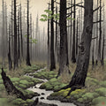 Forest After Fire, Japanese Ink Wash Wall Art | Charred Trees & First Shoots Sumi-e Print — grid