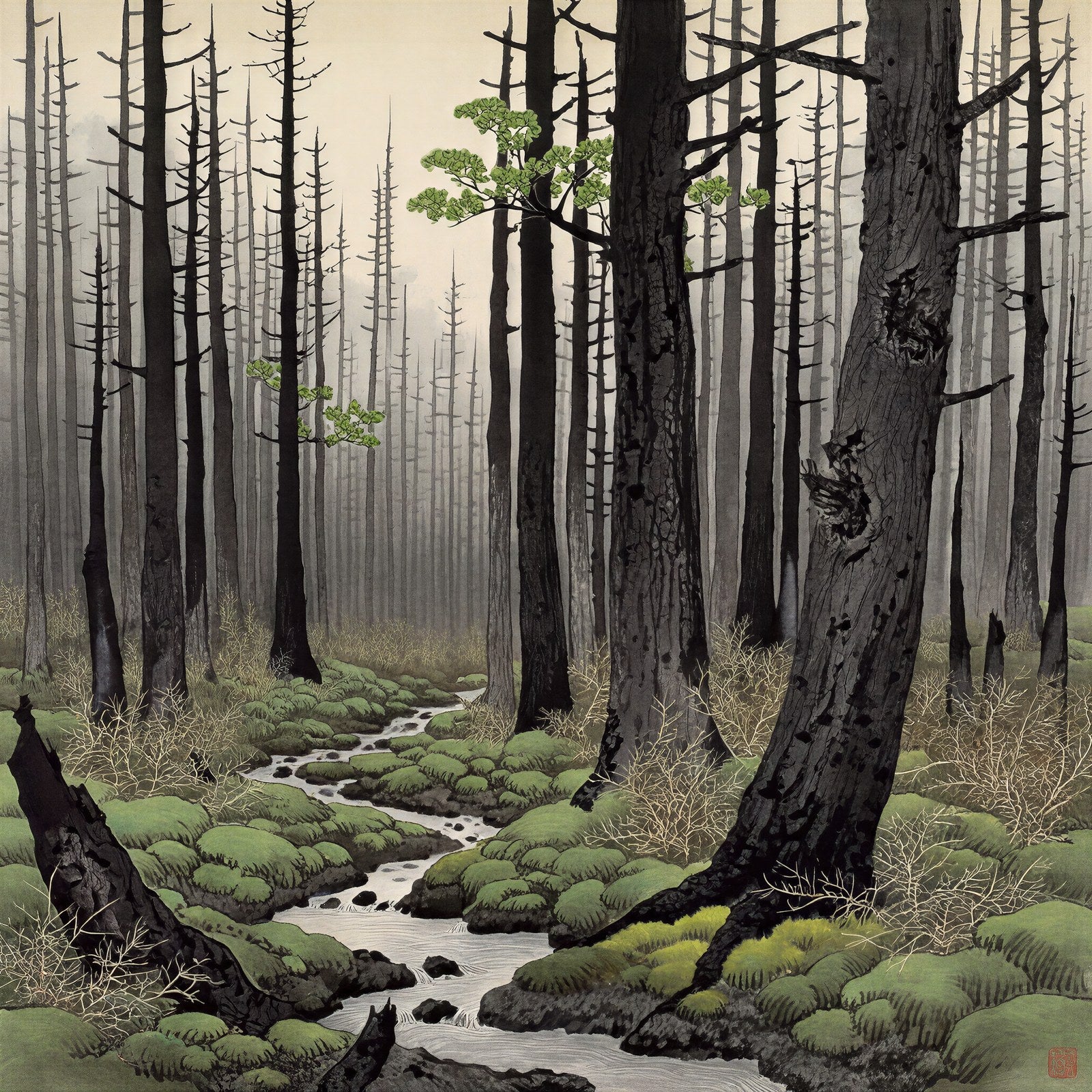 Forest After Fire, Japanese Ink Wash Wall Art | Charred Trees & First Shoots Sumi-e Print — grid