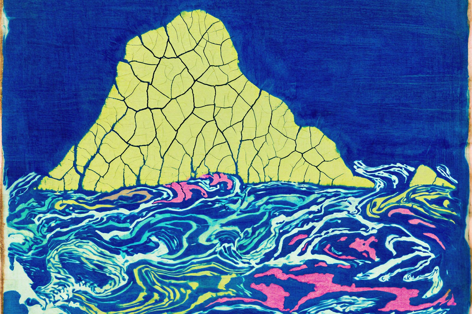 Abyssal Seamount Wall Art Print, Batik Ocean Landscape in Muted Sulphur, Cyan & Fuchsia | Giclée — grid