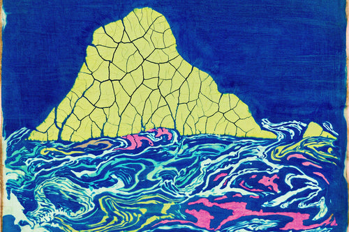 Abyssal Seamount Wall Art Print, Batik Ocean Landscape in Muted Sulphur, Cyan & Fuchsia | Giclée — grid