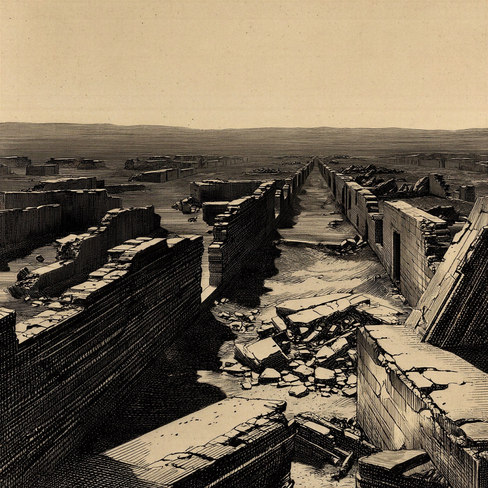 Ruins at the Edge of Comprehension, Art Print | Sepia Engraving | Dark Fantasy Wall Art — grid