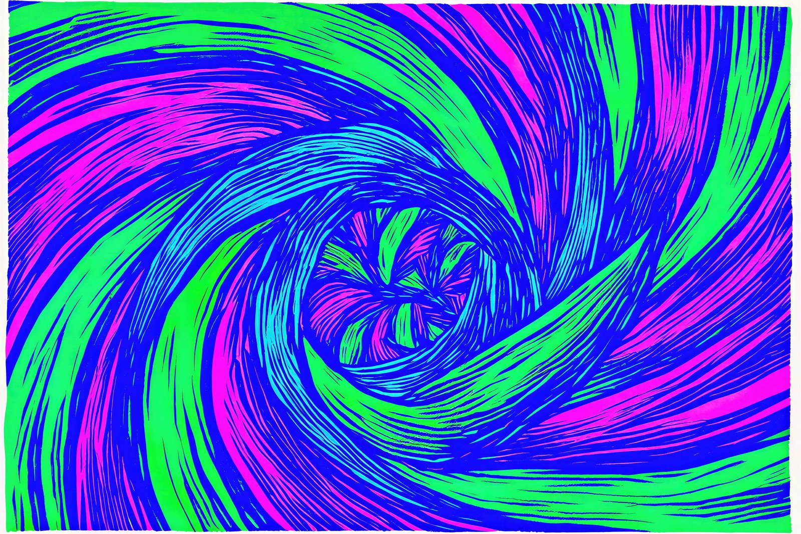 Electric Vortex Linocut Art Print, Neon Violet & Acid Green Abstract Spiral Wall Art — grid