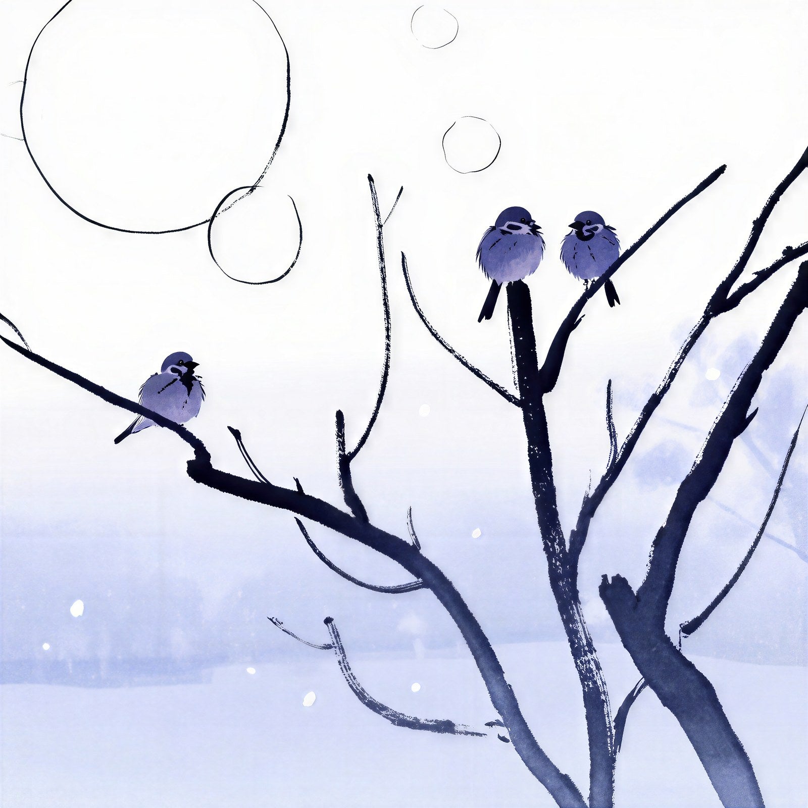 Two Sparrows on a Winter Branch, Zen Ink Art Print | Japanese Minimalist Wall Art — grid