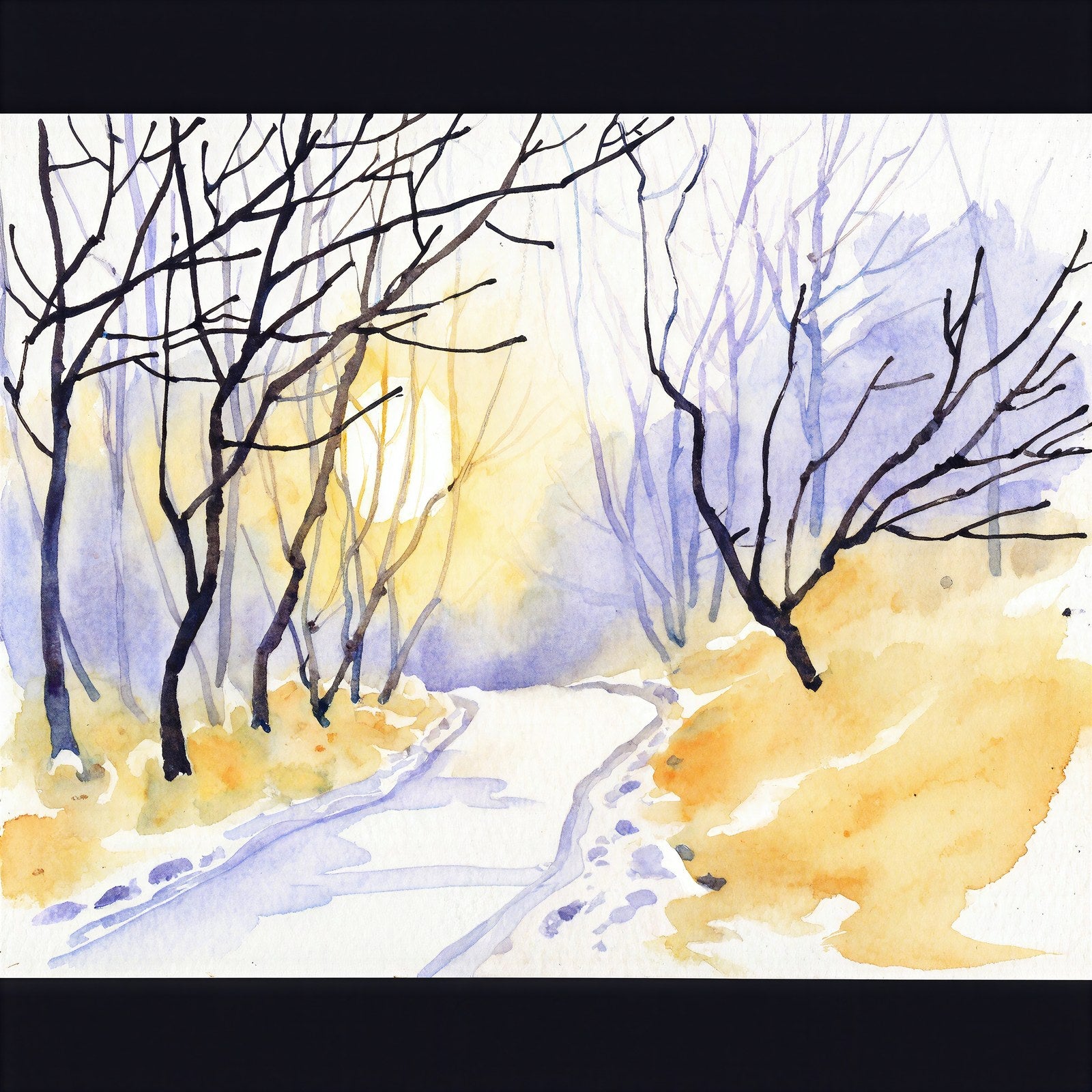 Morning Light Through Winter Trees, Watercolor Wall Art Print, Japanese-Inspired Minimalist — grid