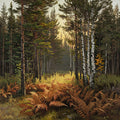 Golden Hour in the Taiga, Autumn Boreal Forest Art Print | Muted Oil Painting Style Wall Art — grid