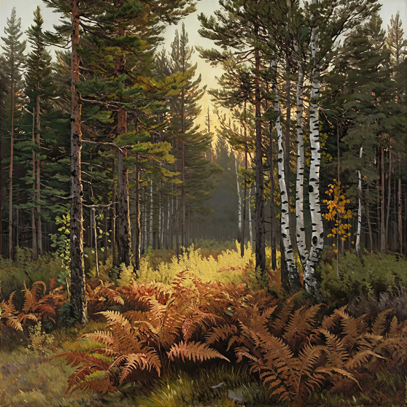 Golden Hour in the Taiga, Autumn Boreal Forest Art Print | Muted Oil Painting Style Wall Art — grid