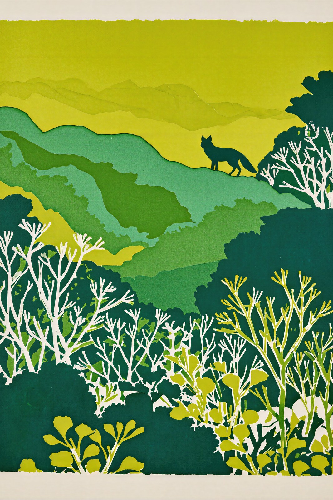 The Fox at Dusk, Graphic Risograph Art Print | Green Botanical Wall Art — grid