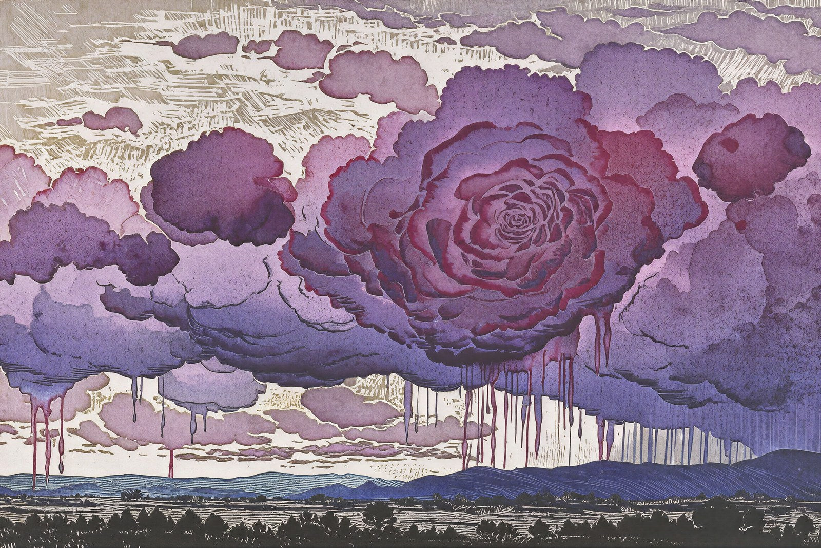 Passing Front, Linocut Landscape Art Print, Atmospheric Wall Art in Amethyst and Rose — grid