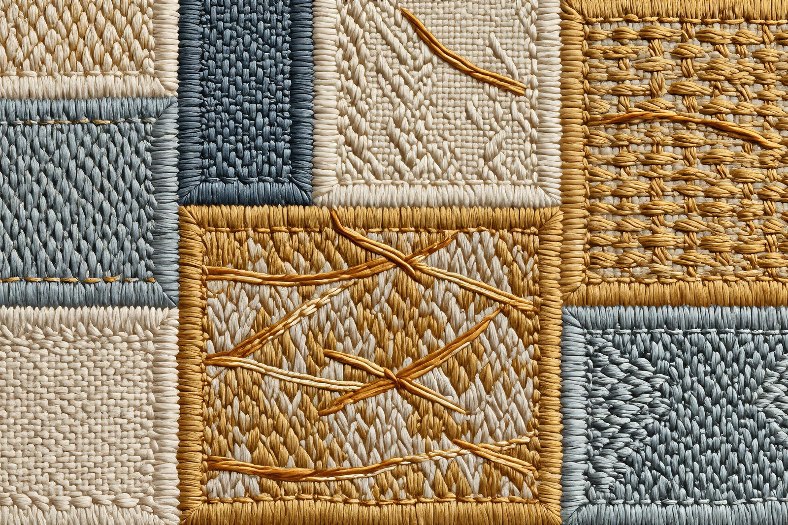 Embroidered Textile Grid Wall Art, Ochre, Slate & Raw Linen | Abstract Art Print — grid