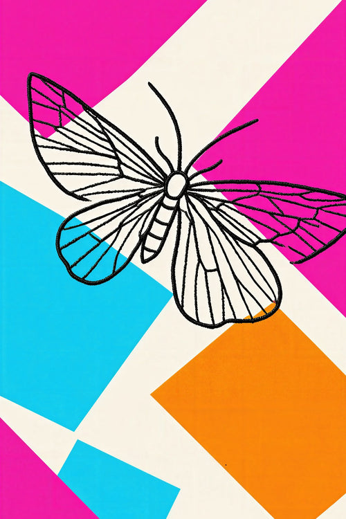 Cecropia Moth Art Print | Minimalist Line Embroidery Wall Art in Cyan, Pink & Tangerine — grid