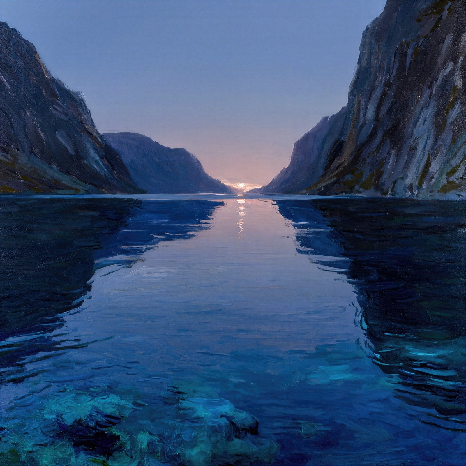 Fjord at Dusk Art Print | Moonlit Seascape | Turquoise Indigo Wall Art — grid