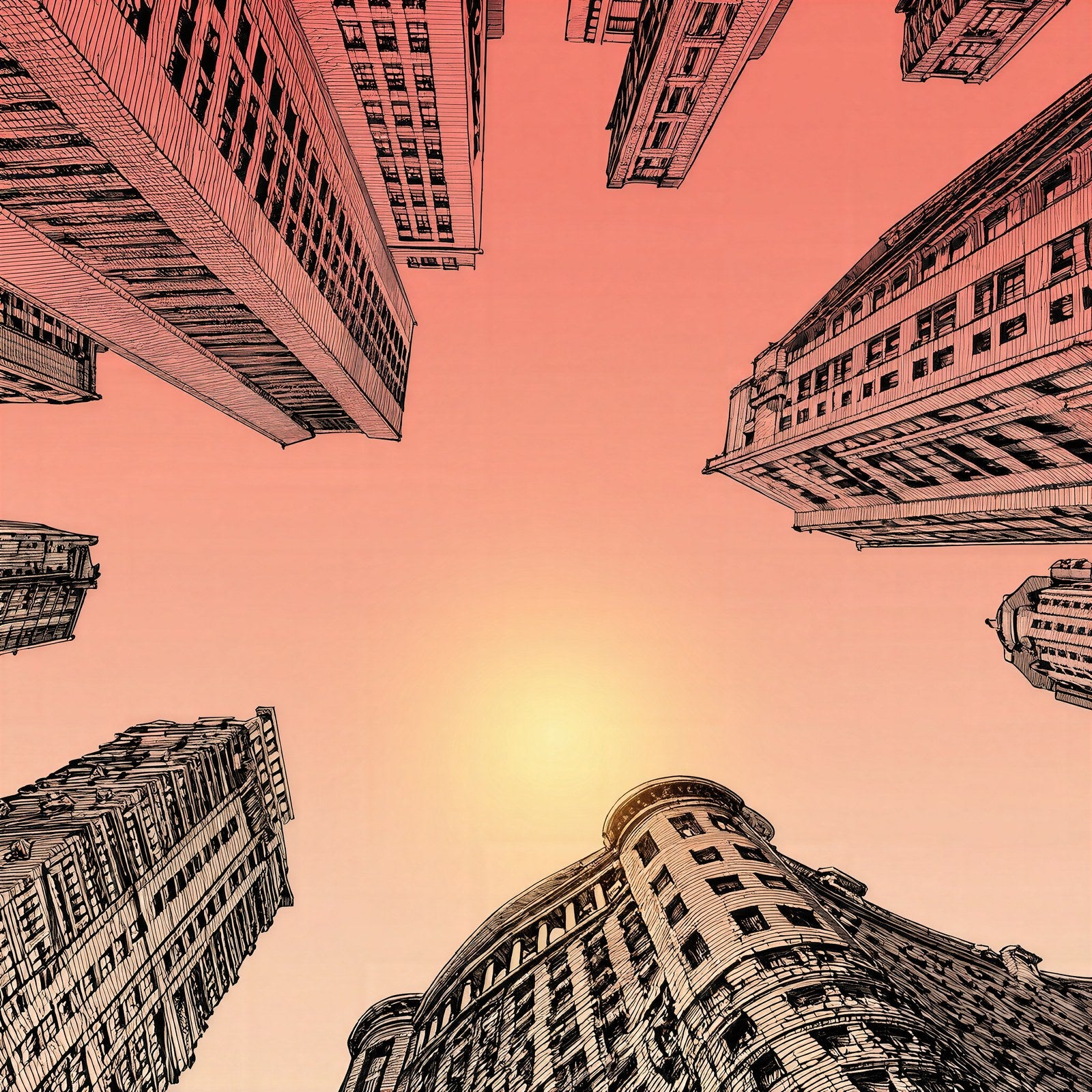Impossible City at Sunset, Fine-Line Pen & Ink Architecture Art Print, Surreal Wall Art — grid