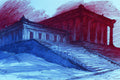 Kizhakemuri | Crimson & Azure Charcoal Wall Art | Expressive Architectural Art Print — grid